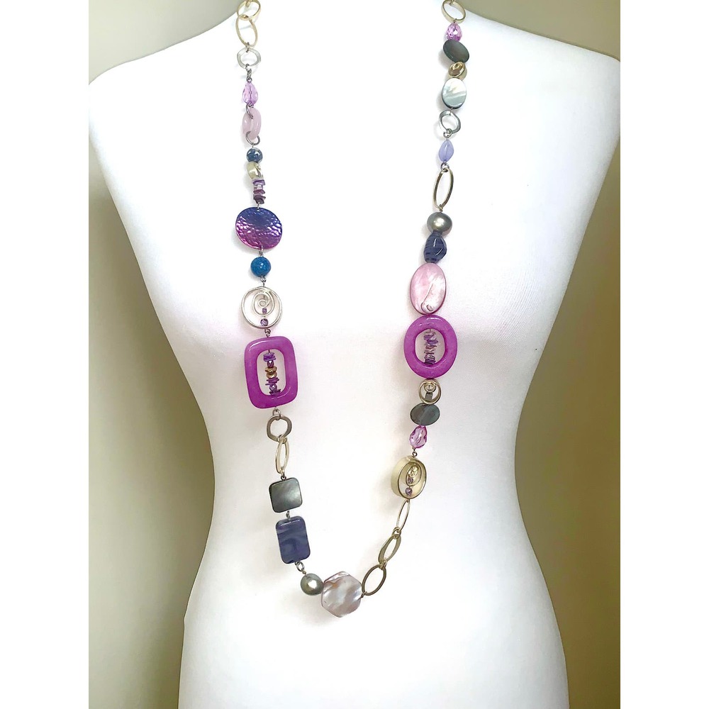 Chico's Silver Tone Purple Glass Beads Stone Abalone Link Long Necklace EUC